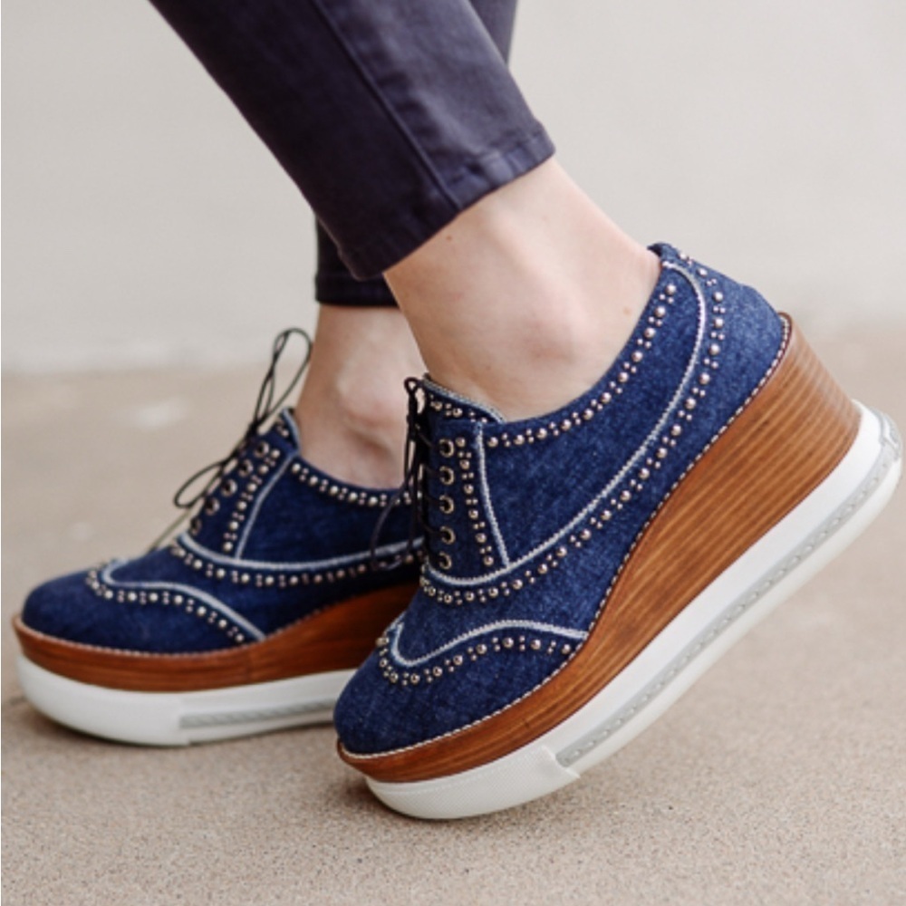 Miu Miu RARE DENIM PLATFORM Studded Wingtip Oxfords SNEAKERS SHOES 7.5